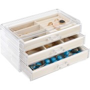 UNIQ ACRYLICZNE Pudełko na biżuterię z 3 szufladami - przechowywanie organizatora do kolczyków, naszyjniki, bransoletki, zegarki itp.